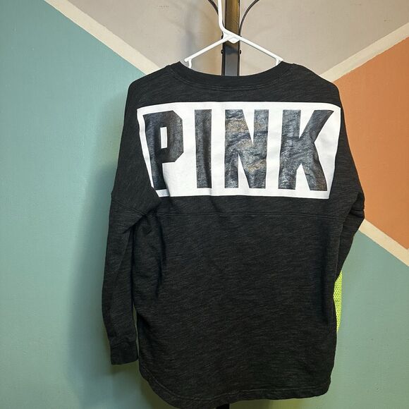 Victoria’s Secret PINK Varsity Crew Green Grey Pullover Holographic Metallic S - Picture 2 of 4